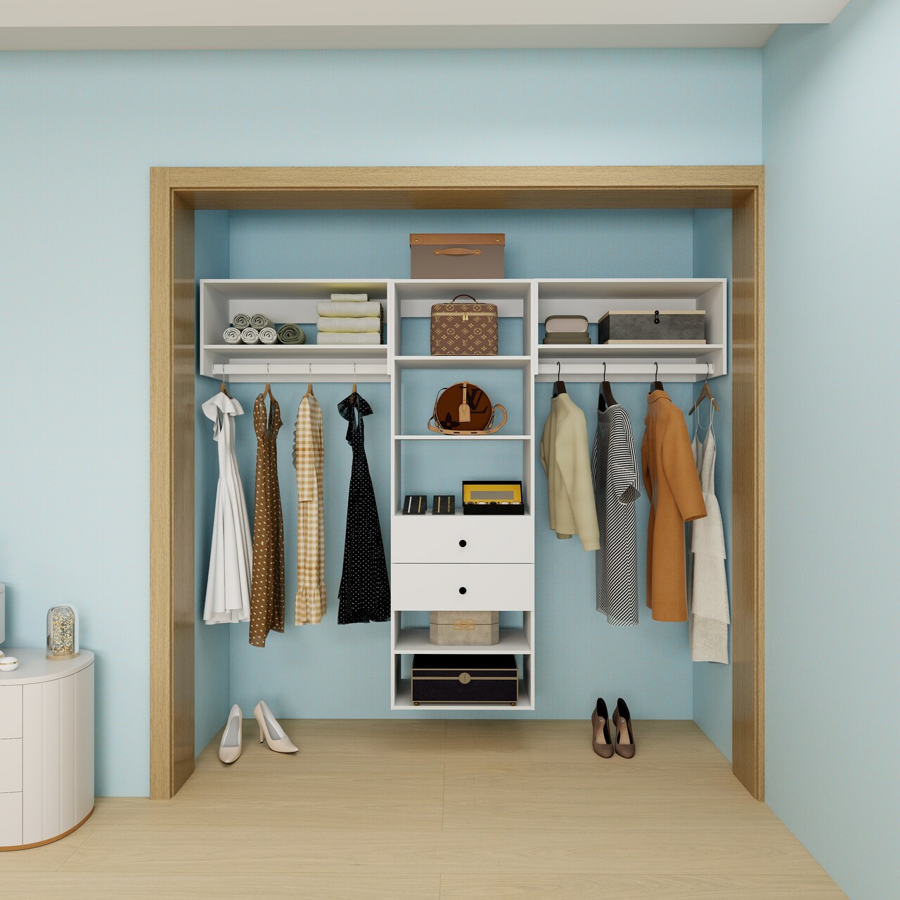 Livelylodge Modular Closet Storage System Wooden 7 Shelves 2 Rods 2 Drawers 87"